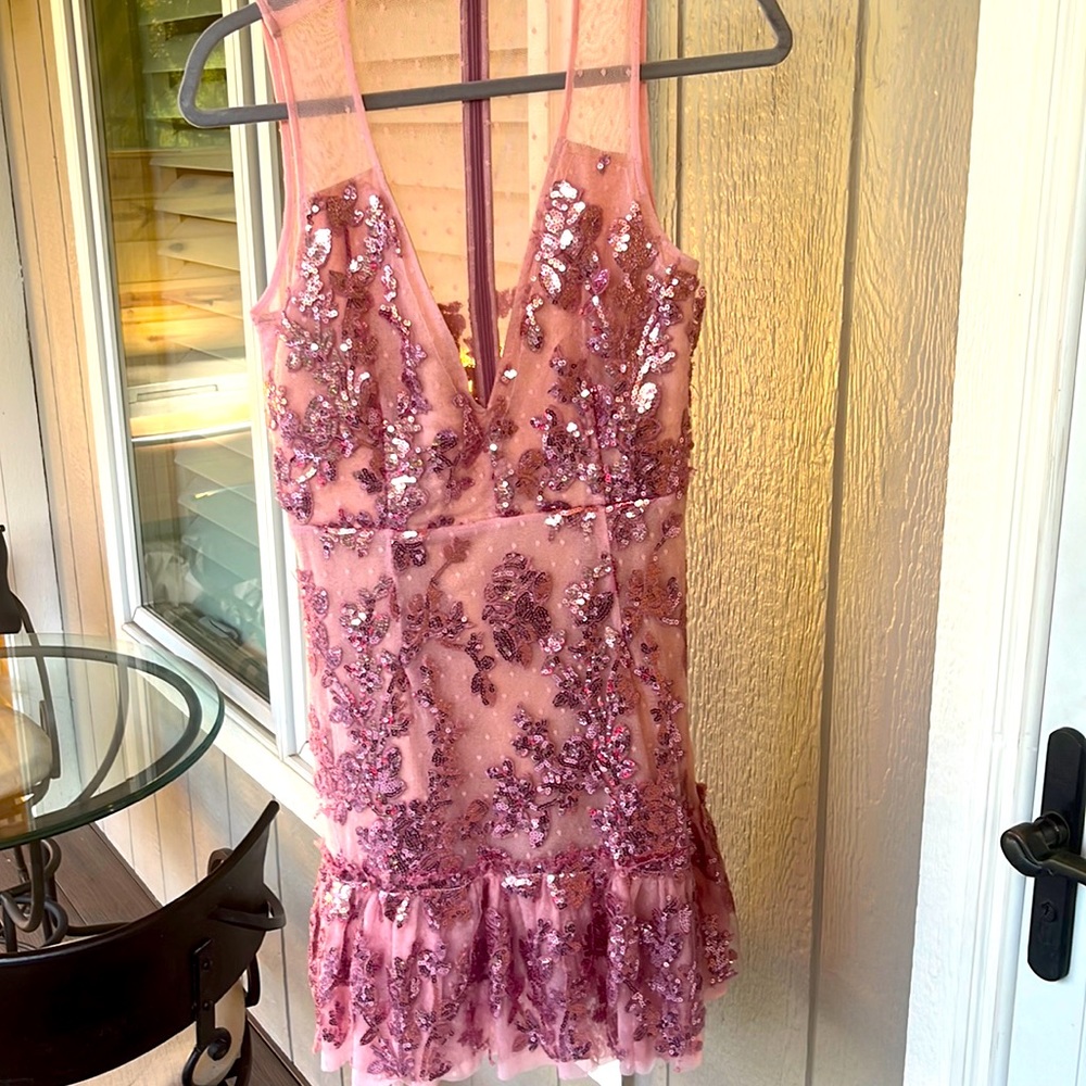 Cocktail dress. Pink beaded. Sheer top and back. Beautiful and worn once.